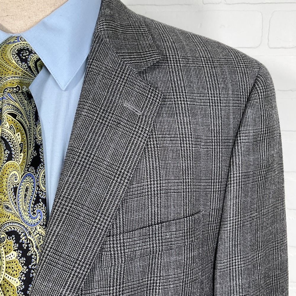 Ralph Lauren Blazer Men 42R Black Gray Houndstooth Plaid Silk Wool 2 Button
